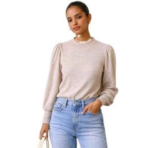 J.CREW‎ Brushed rib puff-sleeve crewneck latte size Large L Clean Girl Aesthetic